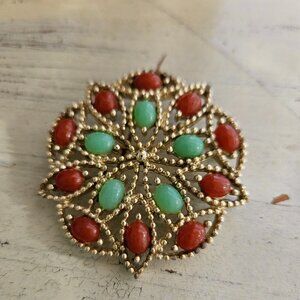Vintage 1970s Sarah Coventry Brooch, ' Faux Jade and Coral